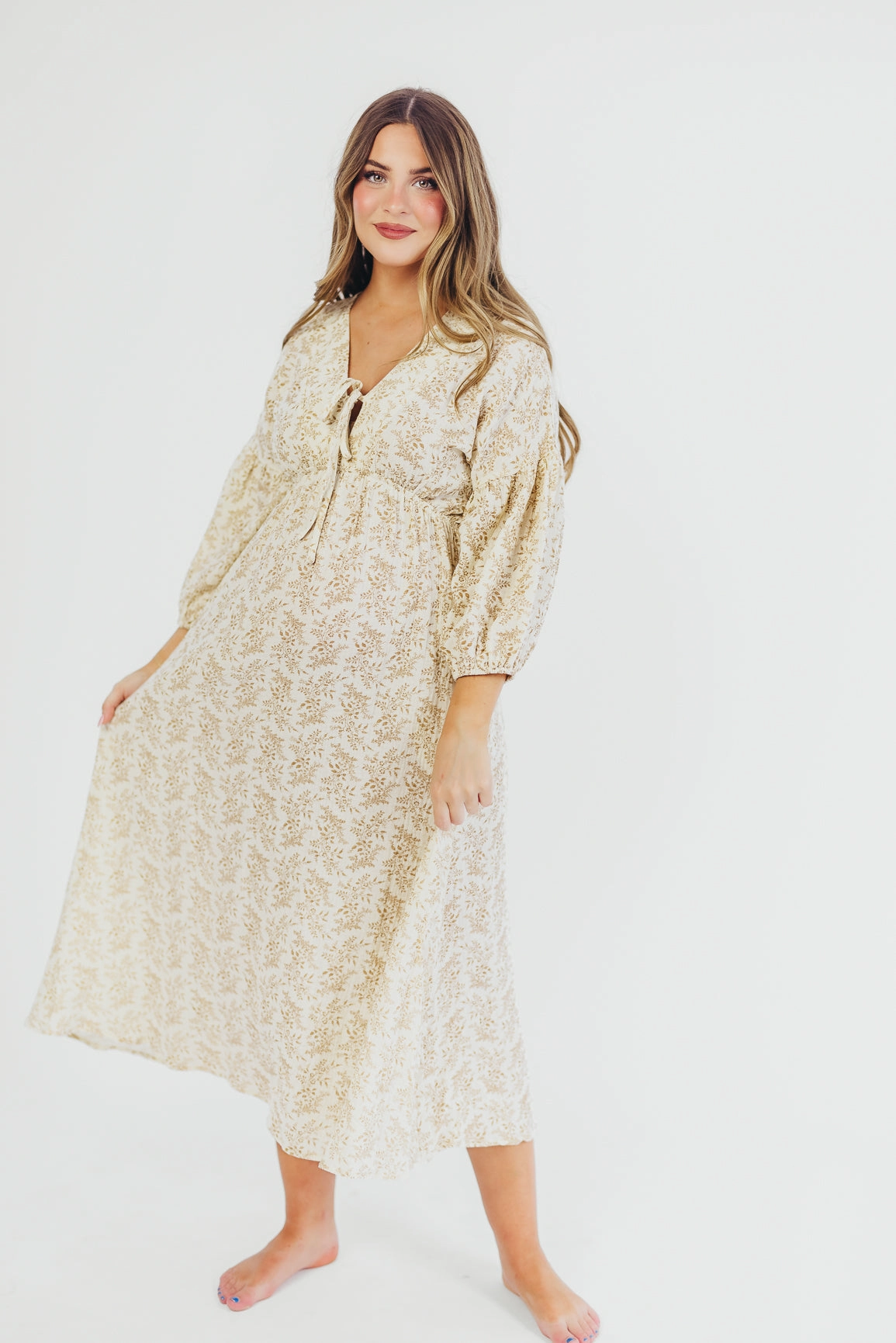 Hunter 100% Cotton Gauze Midi Dress in Natural/Tan Floral - Bump Friendly Effortless Mood