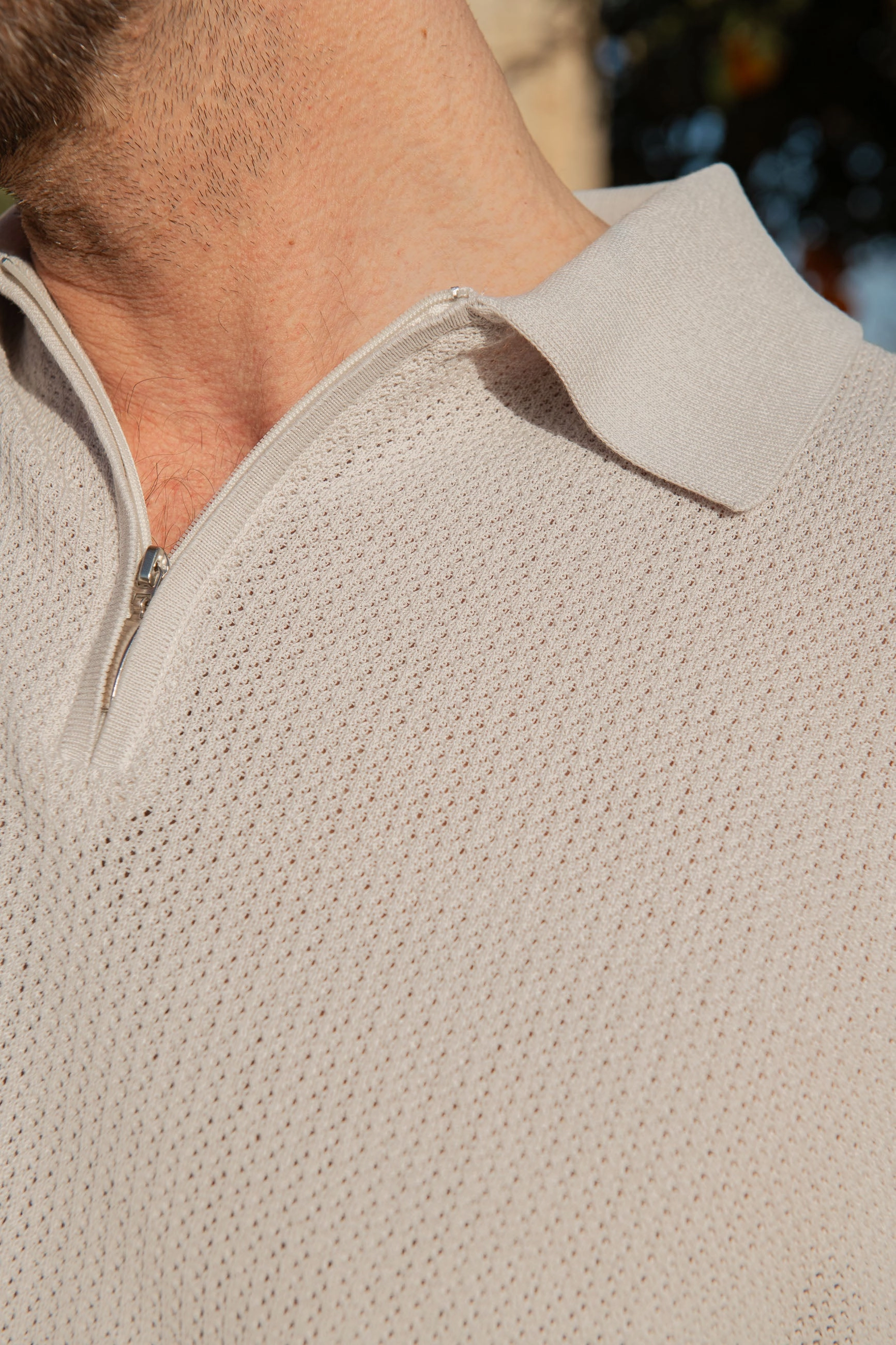 Stone textured knit polo with zip - Made in Italy Subtle Detail