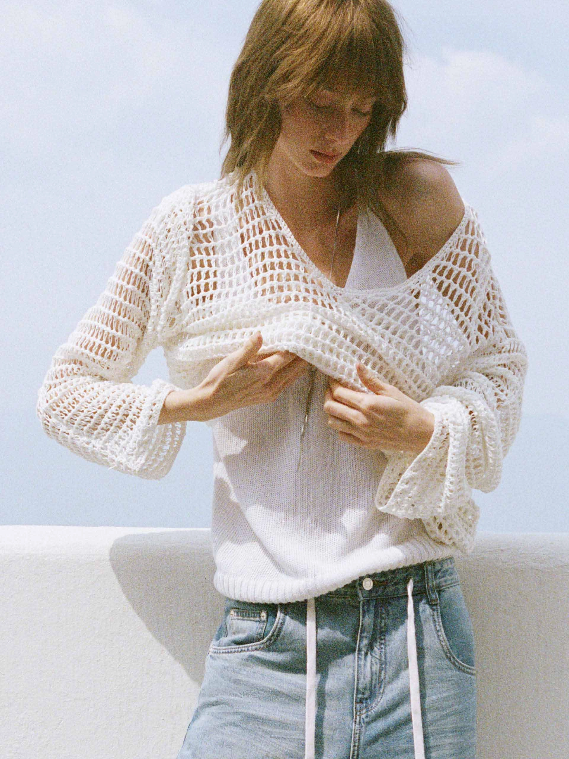 Neutral Look Crochet Fishnet Sweater