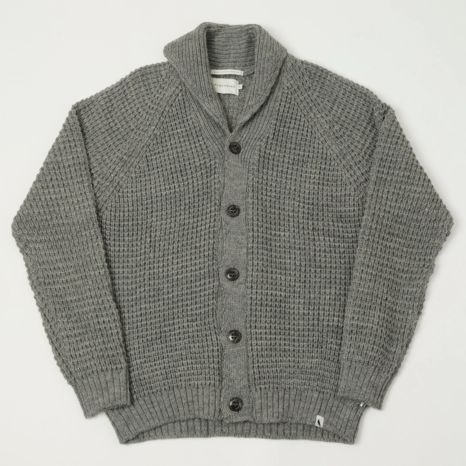 Multipanel Construction Peregrine Waffle Knit Shawl Collar Cardigan - Steel