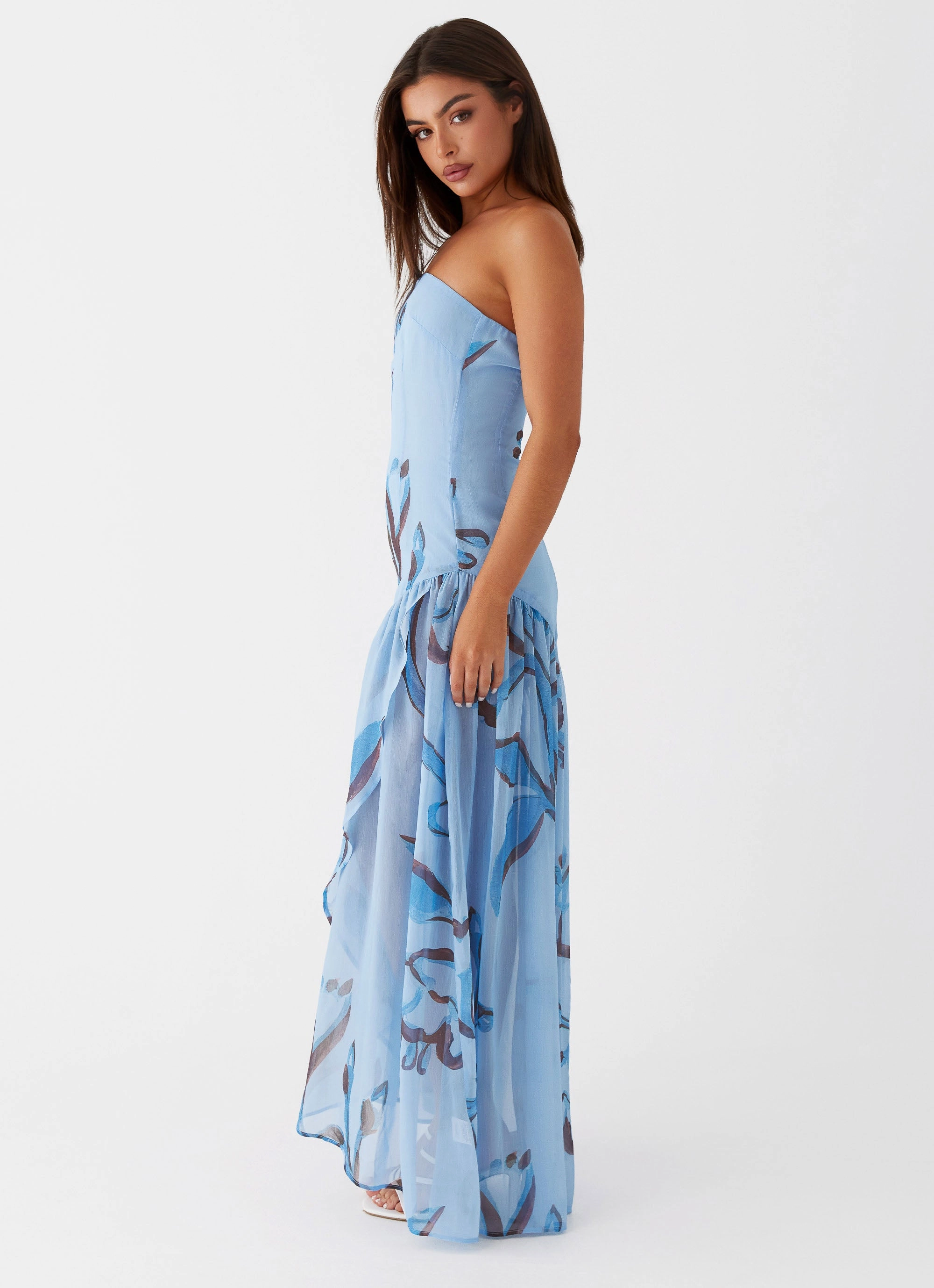 Semi Fit Casual and Smart Solaris Strapless Maxi Dress - Blue Floral