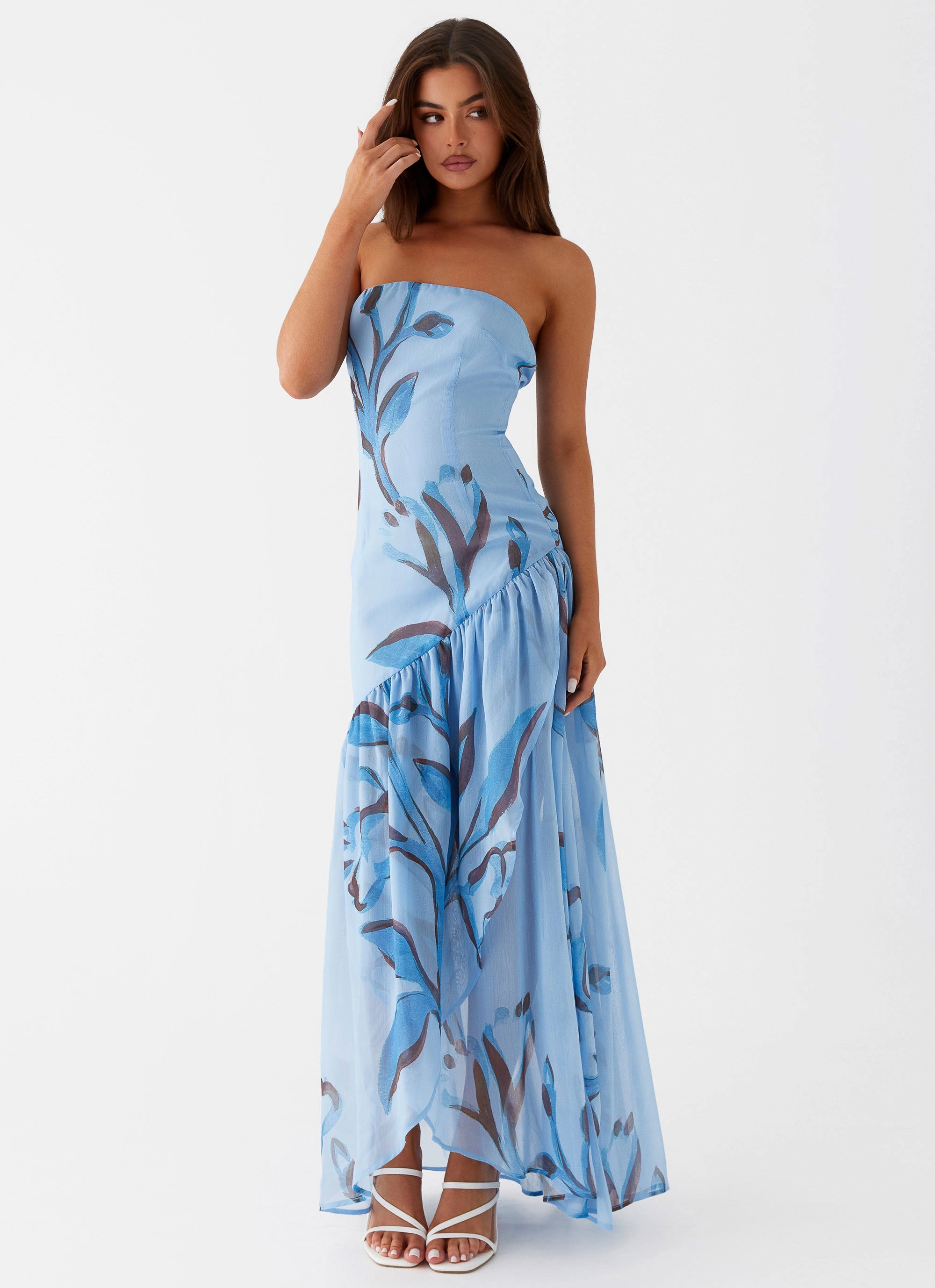 Boho Aesthetic Solaris Strapless Maxi Dress - Blue Floral