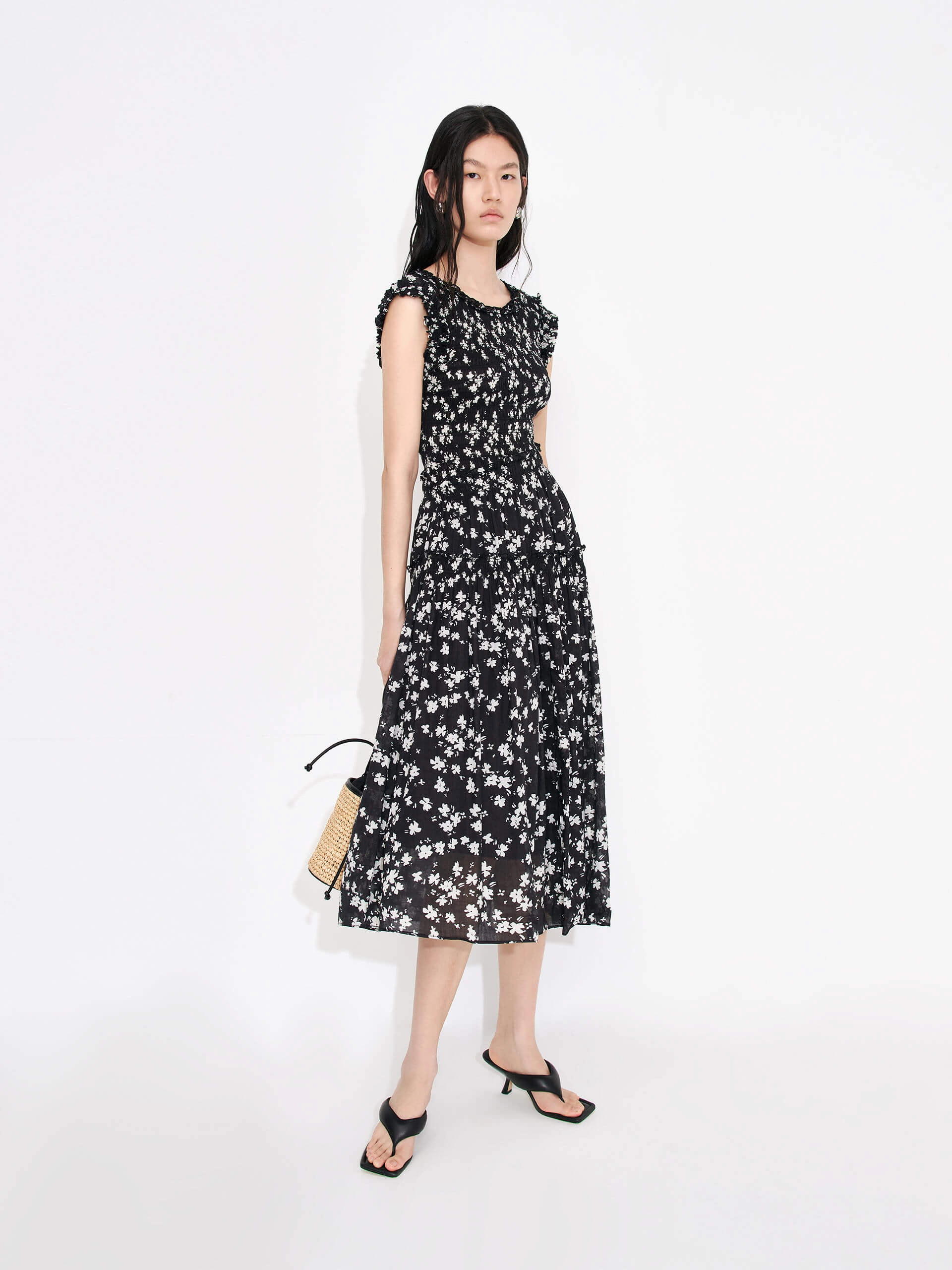 Non-Pilling Crewneck Printed Midi Dress