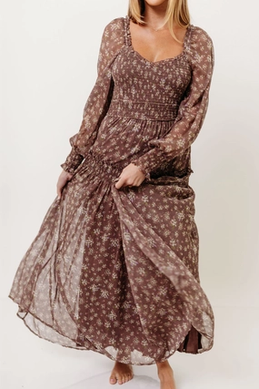 Luisa Smocked Floral Maxi Dress in Mocha Mousse Dinner Outfit