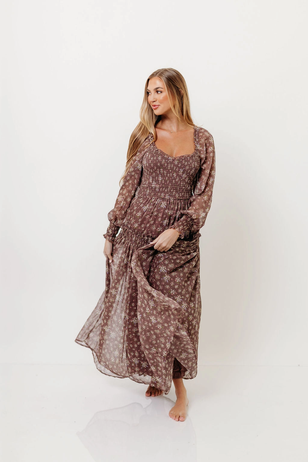 Asymmetrical hem WideCollarDesign Luisa Smocked Floral Maxi Dress in Mocha Mousse