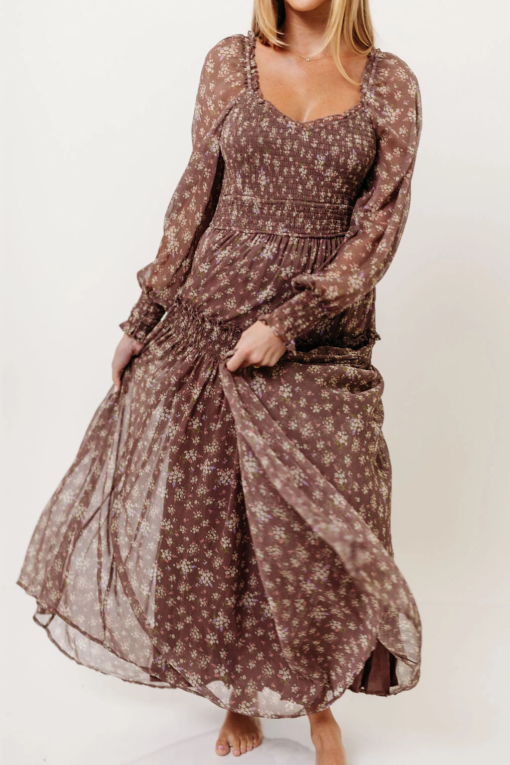Luisa Smocked Floral Maxi Dress in Mocha Mousse Dinner Outfit