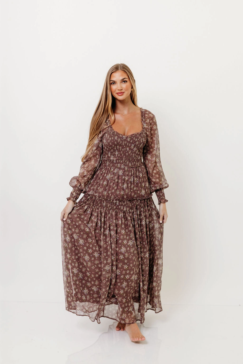 Shared Glow Luisa Smocked Floral Maxi Dress in Mocha Mousse