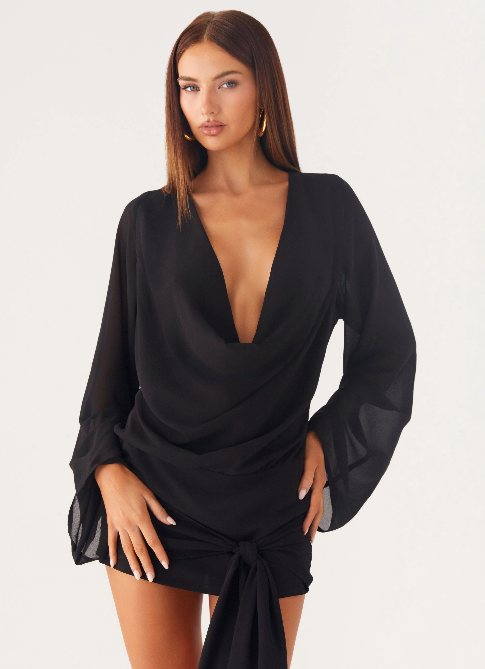 Semi Formal Silky Surface Sorrel Long Sleeve Mini Dress - Black