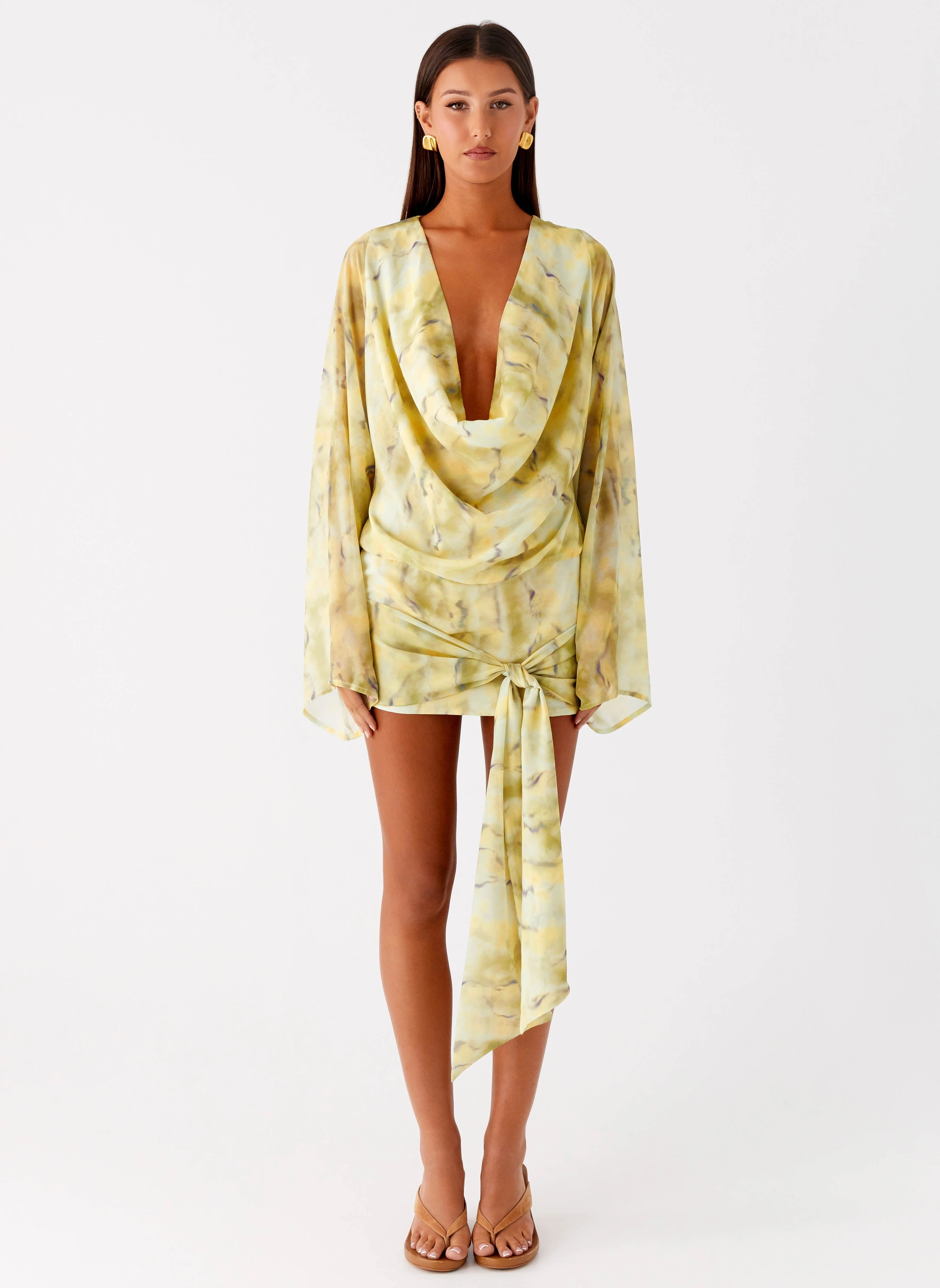 Chic beachwear dress NoiseFreeFabric Sorrel Long Sleeve Mini Dress - Yellow Tie Dye