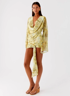 Sophisticated Waist Fit Sorrel Long Sleeve Mini Dress - Yellow Tie Dye