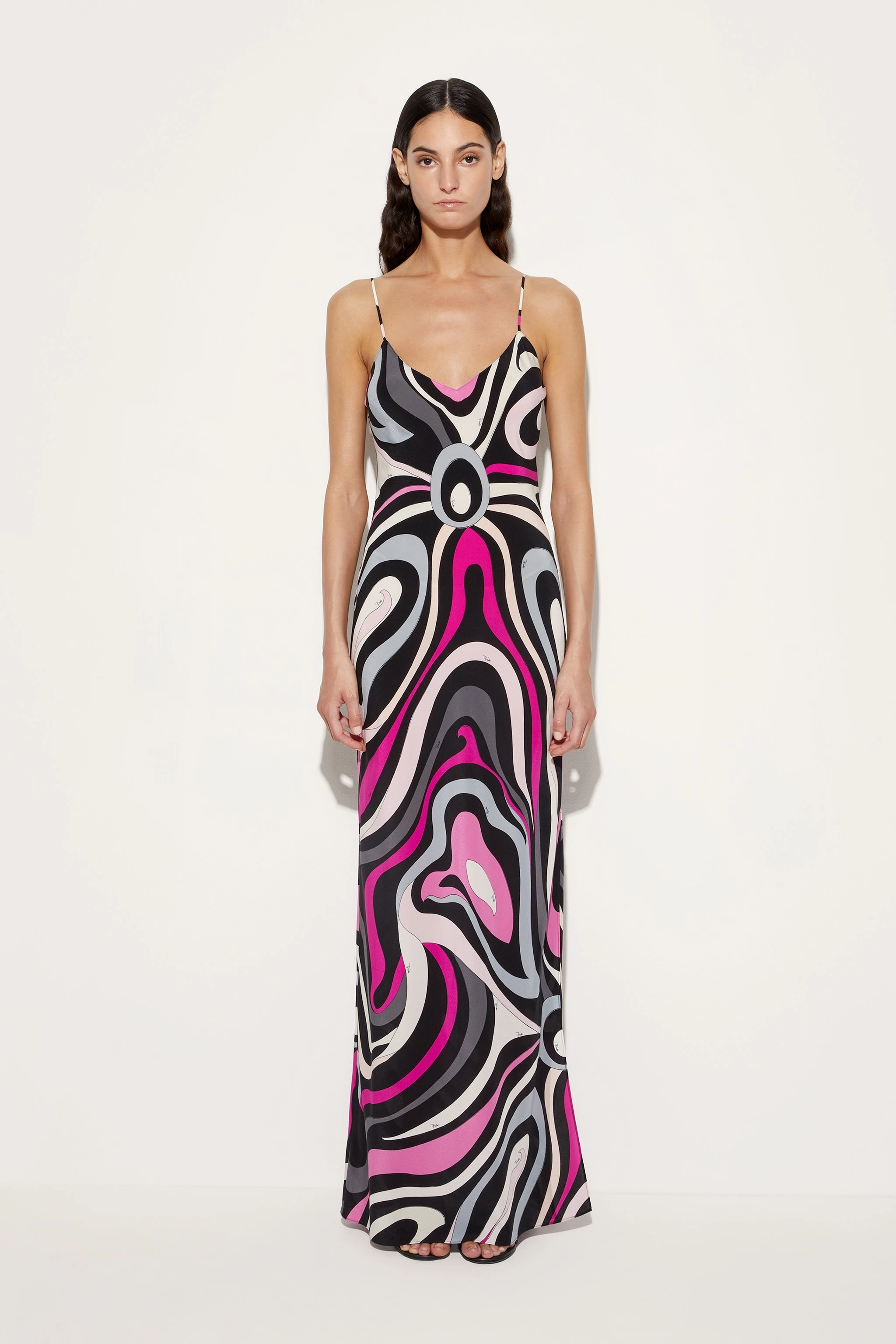 Bishop-Sleeve Marmo Print Silk Dress