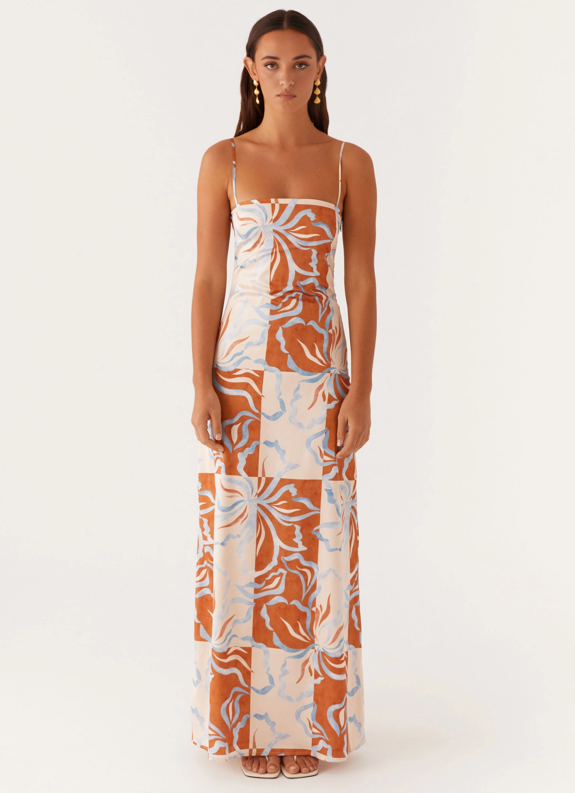 Aster Bloom Maxi Dress - Orange Blue Floral SmoothEdgeFinish Ruched-Detail