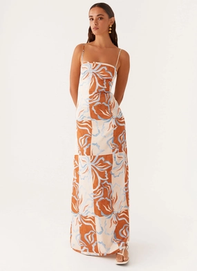 Front Detail Aster Bloom Maxi Dress - Orange Blue Floral