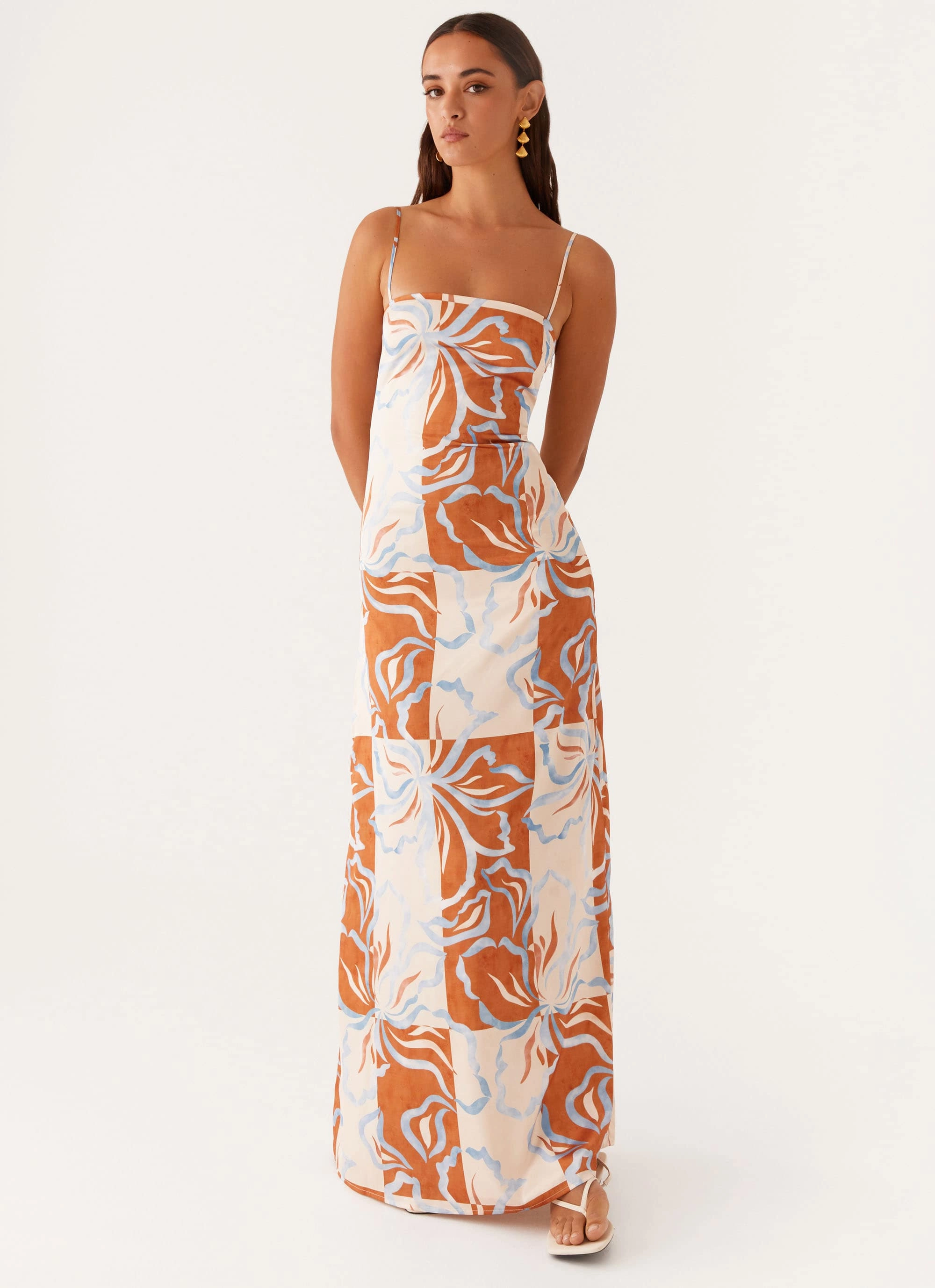 Front Detail Aster Bloom Maxi Dress - Orange Blue Floral
