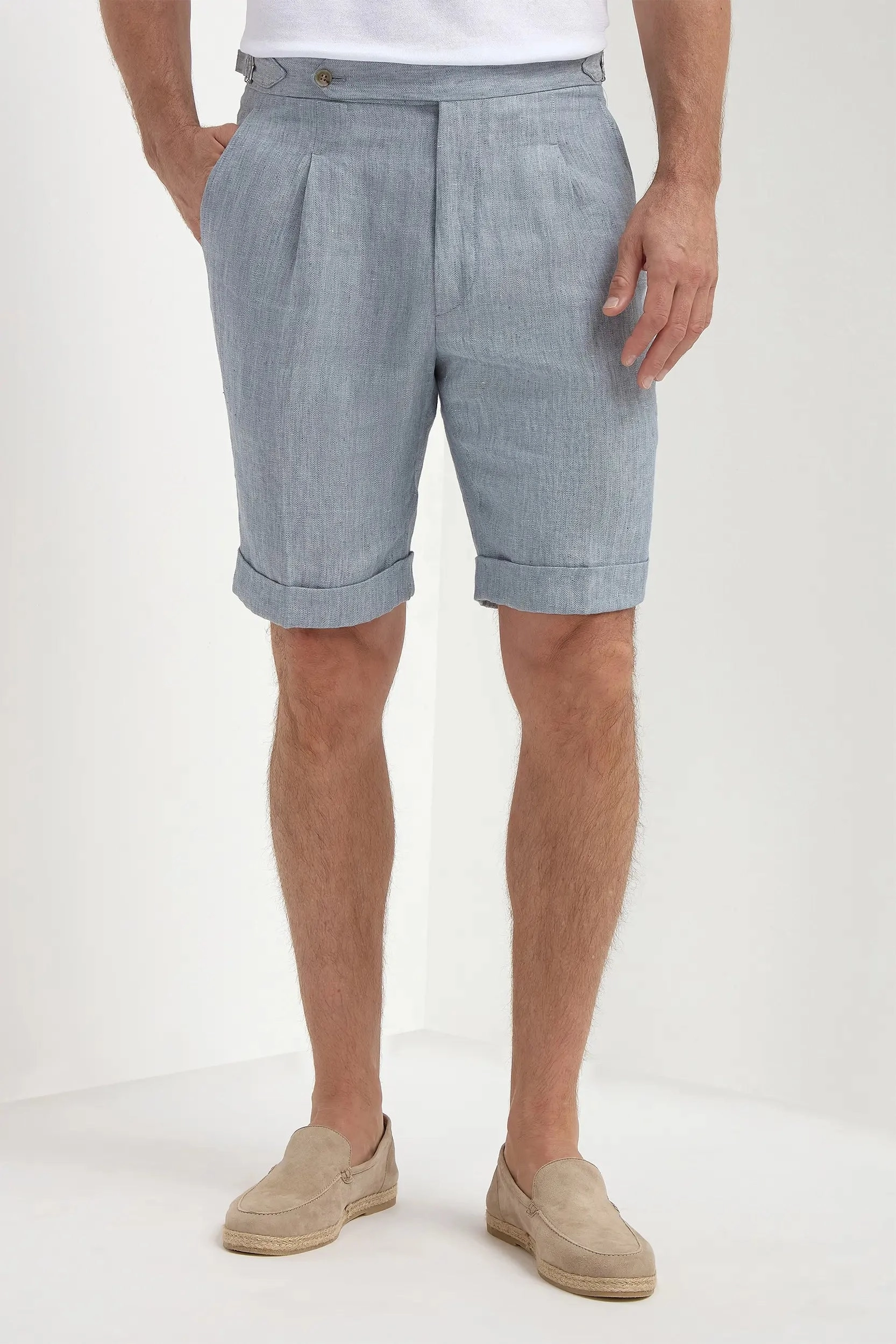 Light blue herringbone linen shorts - Made in Italy Relaxed Motion All Comfort