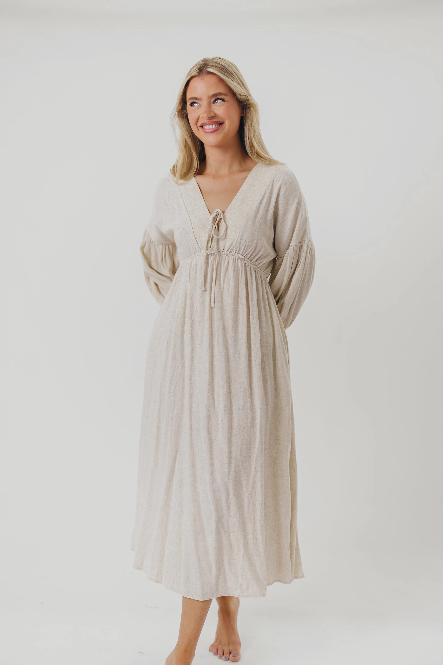 Hunter Linen-Blend Midi Dress in Greige - Bump Friendly *9/22 PRE-ORDER* Resort Vibes Dream Look