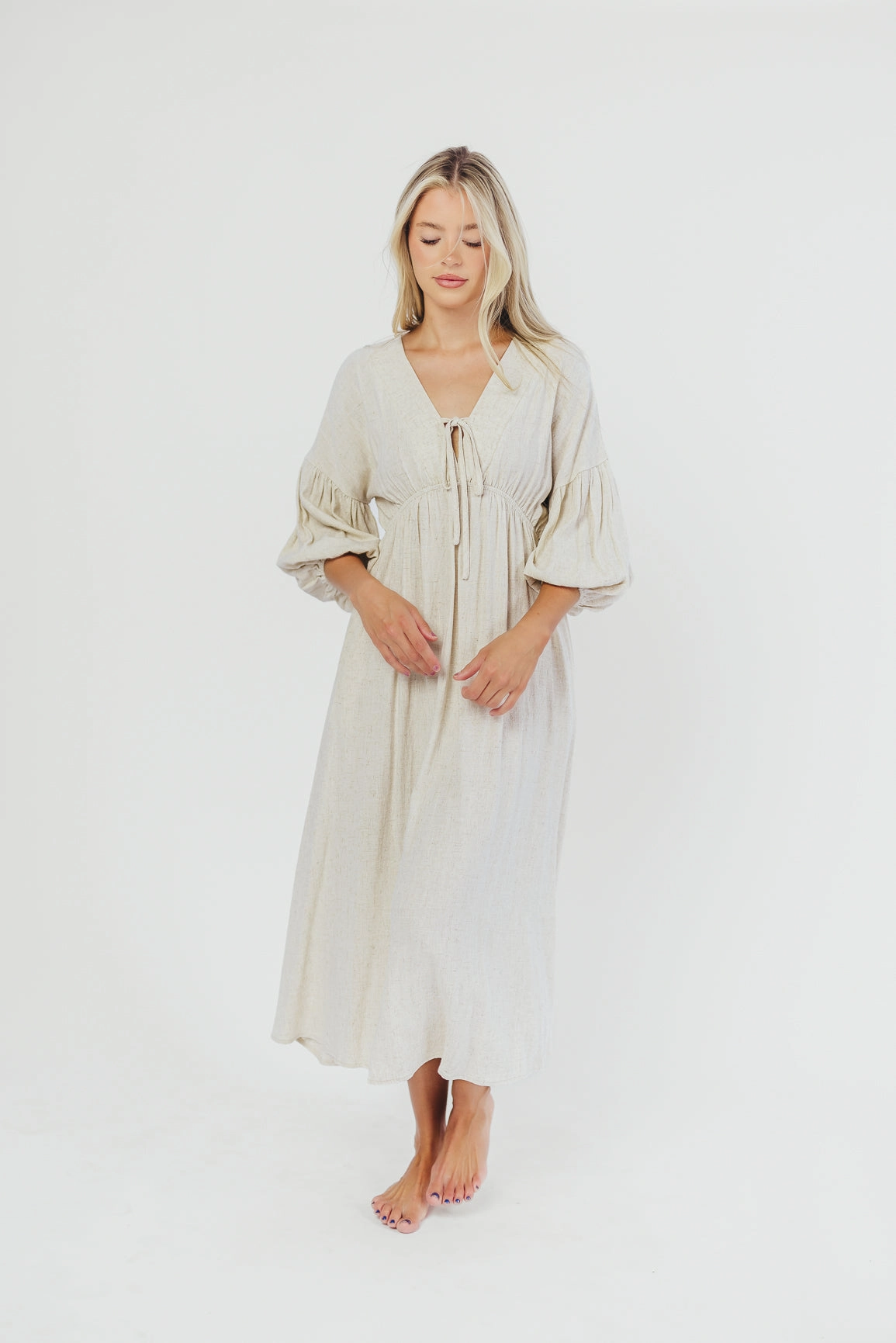 Hunter Linen-Blend Midi Dress in Greige - Bump Friendly *9/22 PRE-ORDER* Light Fit packable