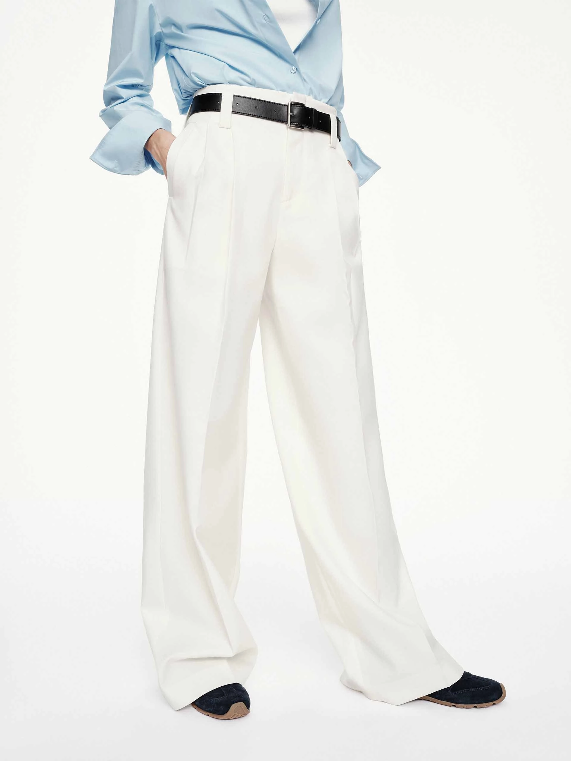 Pleated White Straight Trousers Office Wear Heat Dissipating