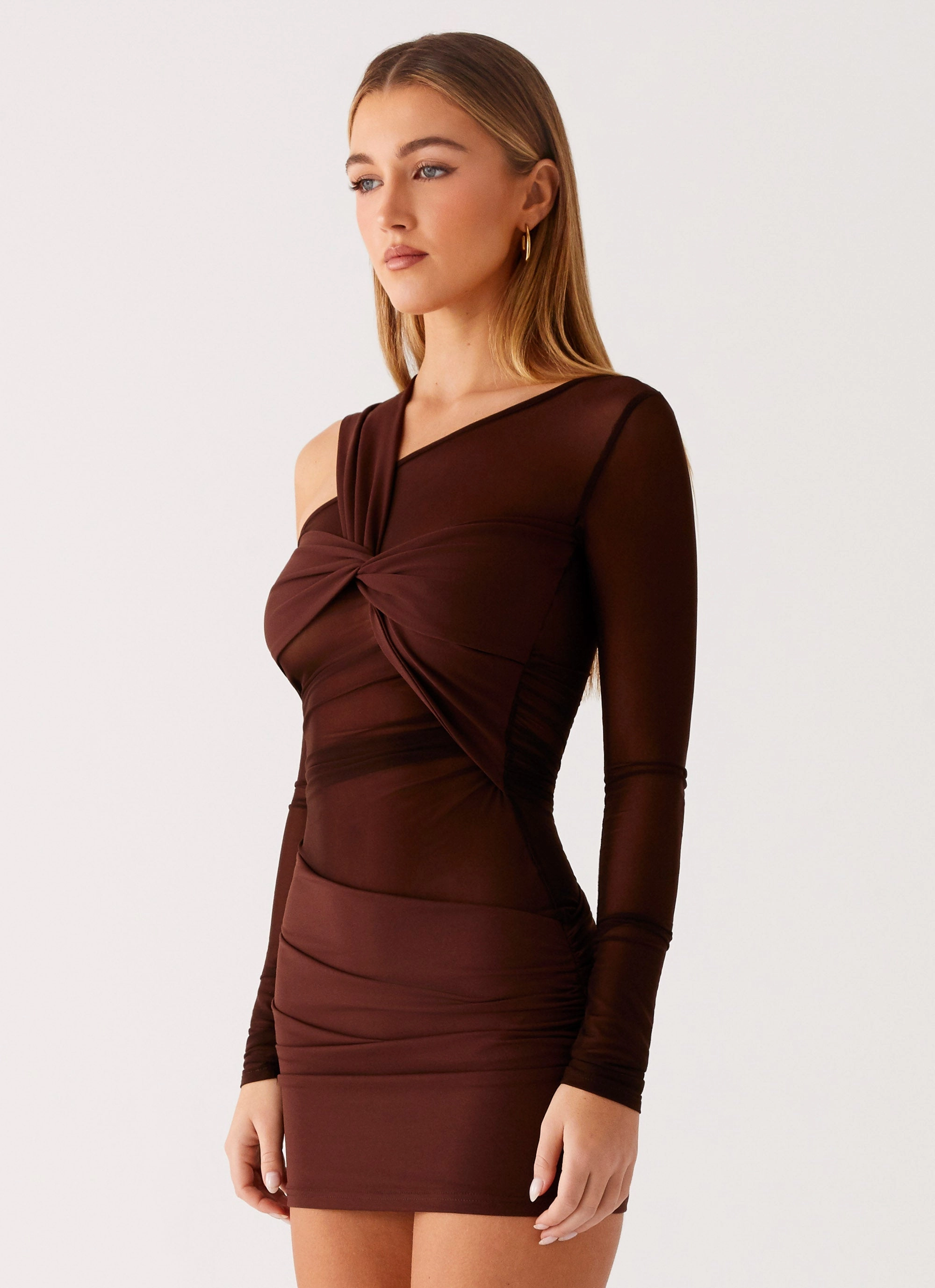 Ophelie Asymmetric Long Sleeve Mini Dress - Chocolate Satin Soft