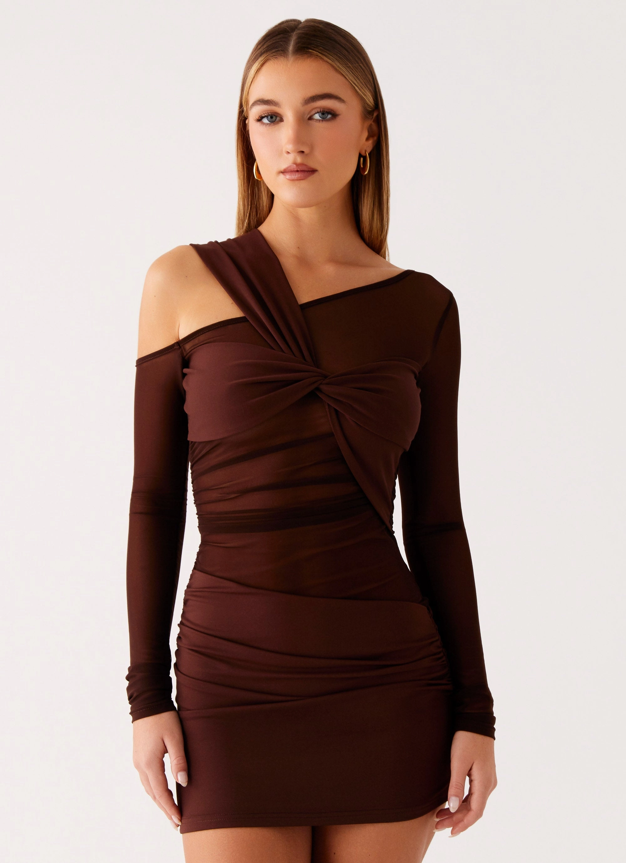Ophelie Asymmetric Long Sleeve Mini Dress - Chocolate Quilted-Lining Vibe Style