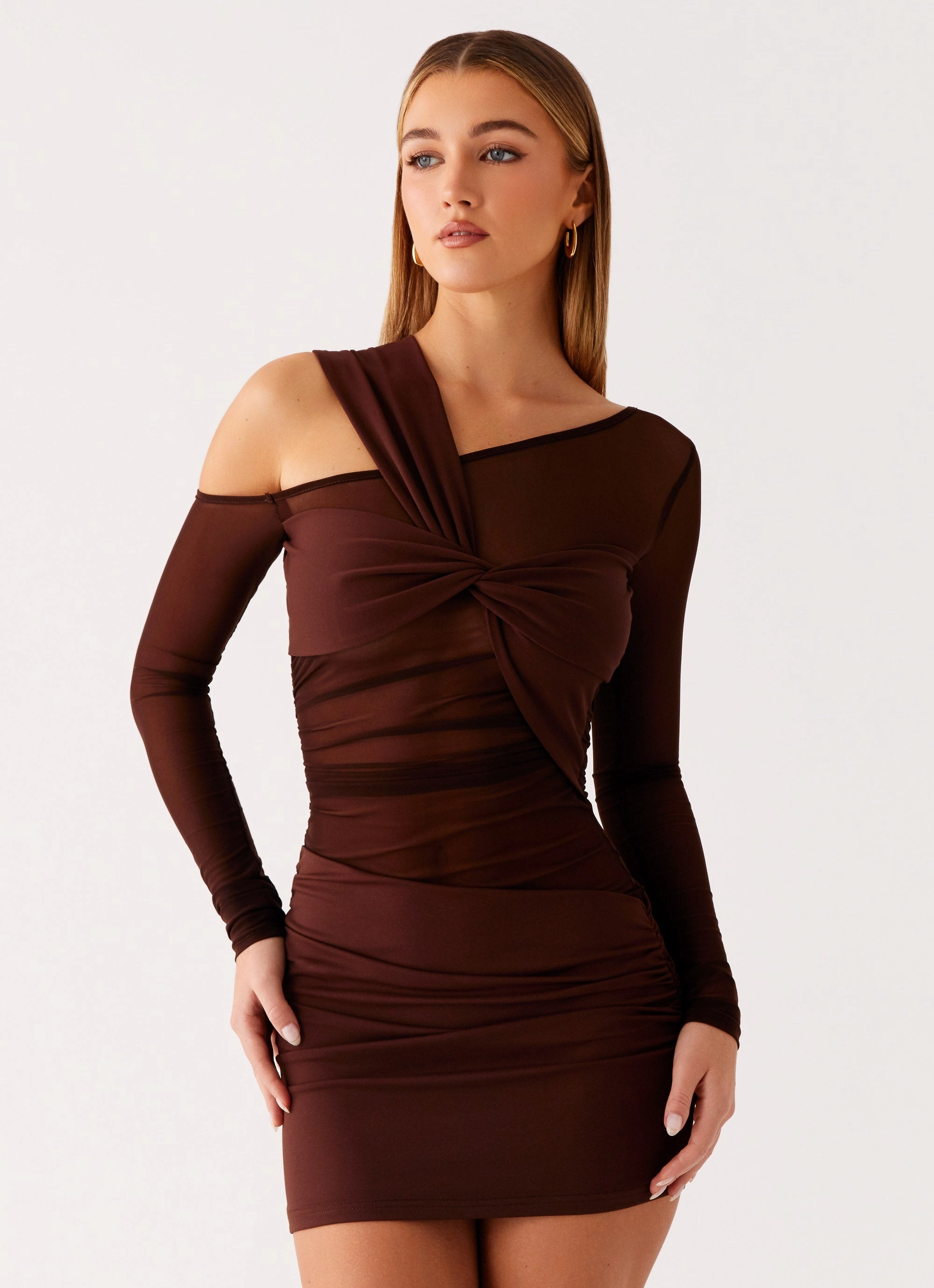 Natural Flow Ophelie Asymmetric Long Sleeve Mini Dress - Chocolate