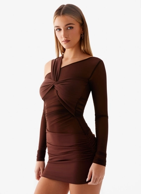 Limited-Edition Ophelie Asymmetric Long Sleeve Mini Dress - Chocolate