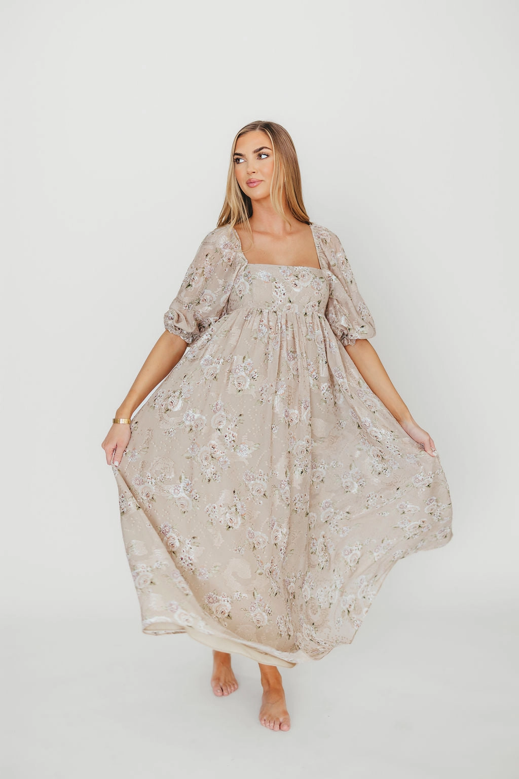 Pastel-Tone Mona Maxi Dress in Beige/Brown Floral - Bump Friendly