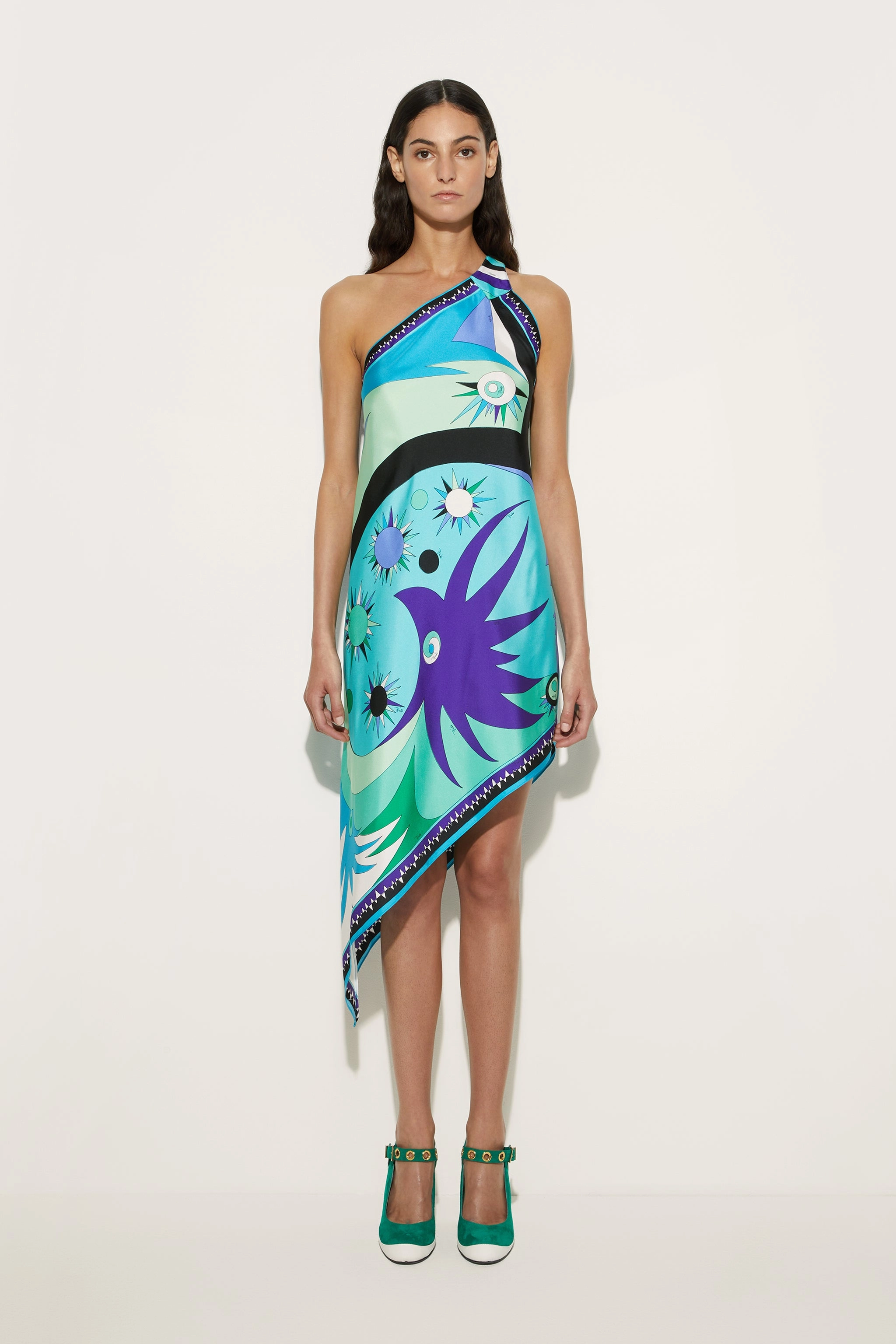 Stella Print Asymmetrical Silk Twill Dress Cool Motion Classic structured dress