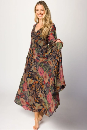 Quick Drying Steph Smocked Button-Front Maxi Dress in Midnight Floral