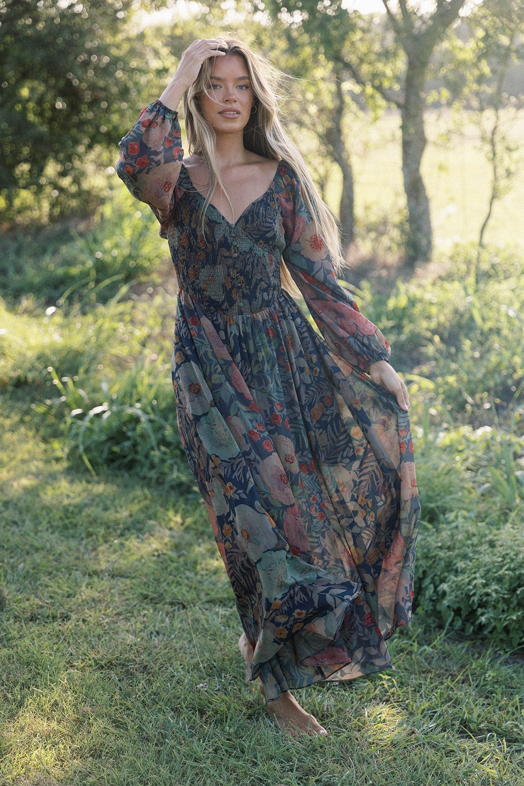 Steph Smocked Button-Front Maxi Dress in Midnight Floral Draped Fabric Body Positive
