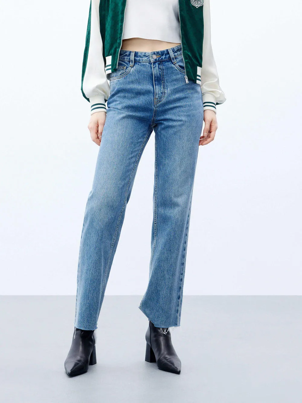 Neutral Fabric Tailored Waistband Straight Leg Ankle Jeans
