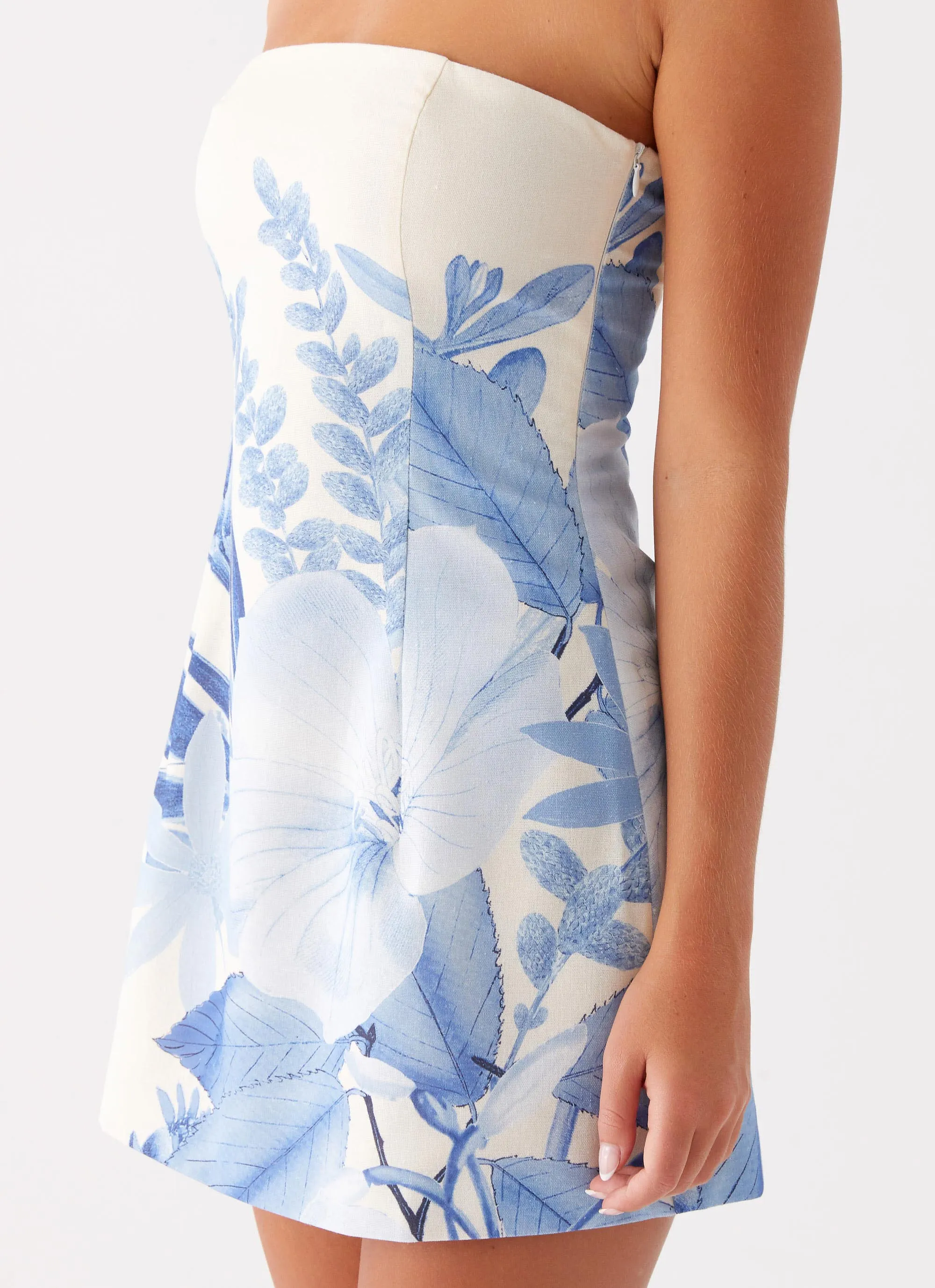 Denby Strapless Mini Dress - Blue Floral Print Feminine Look