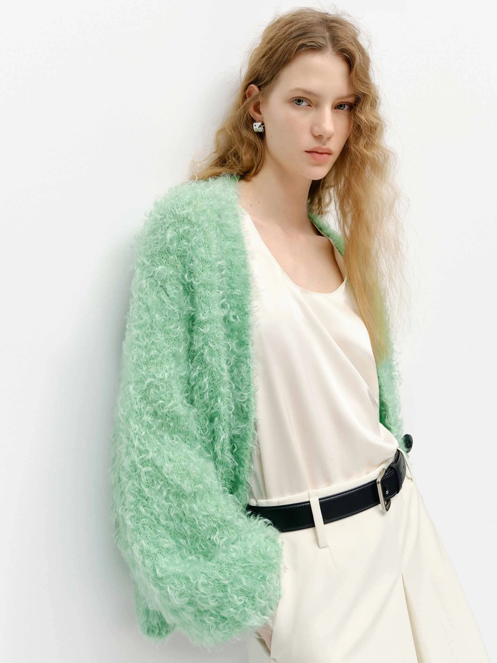 AntiStatic Finish Fluffy Boucle Knit Cardigan