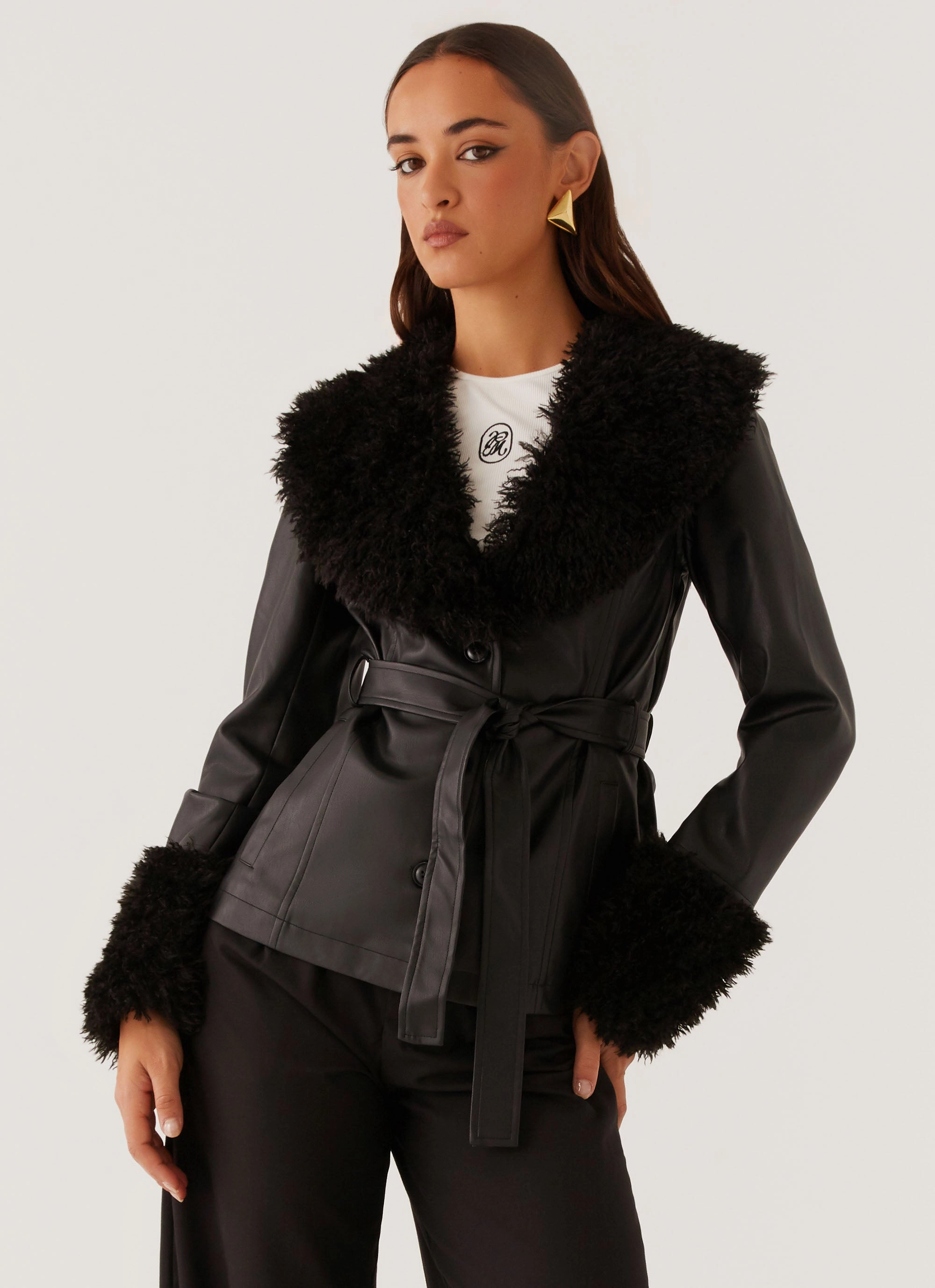 Wind Proof Casual Style Street Lights Fur Trim Jacket - Black