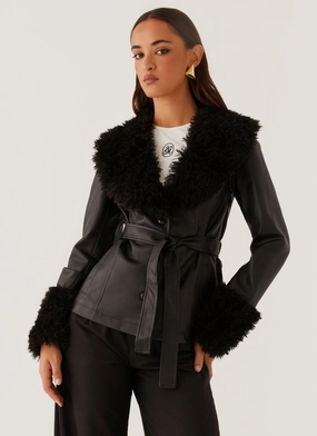Wind Proof Casual Style Street Lights Fur Trim Jacket - Black