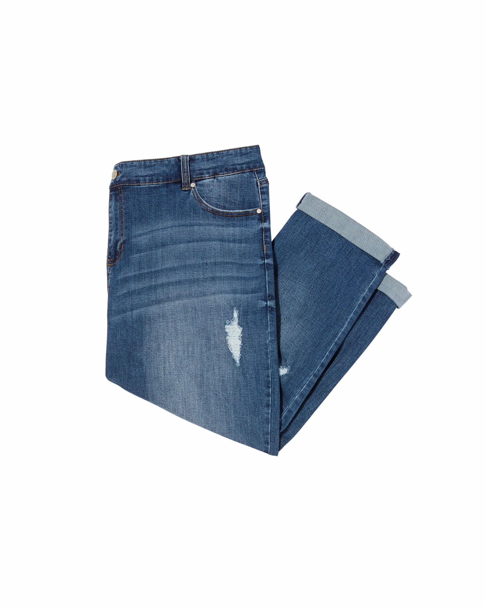 Wythe Mid Rise Cuffed Boyfriend Jean with Destruction | Medium Wash Airy Touch Party Look Weekend Warrior