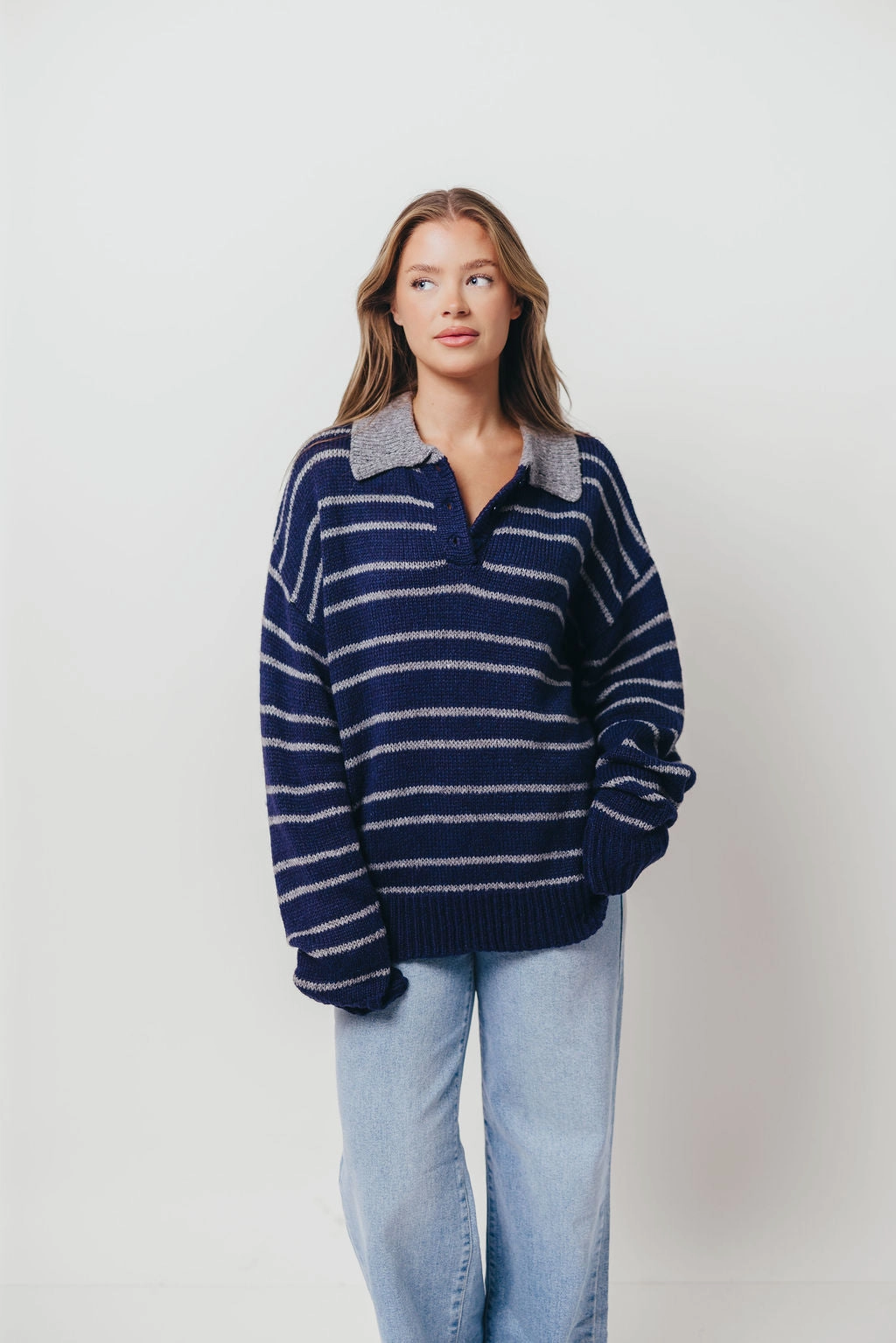 Rochelle Stripe Sweater with Contrast Collar in Navy Cozy All-Day