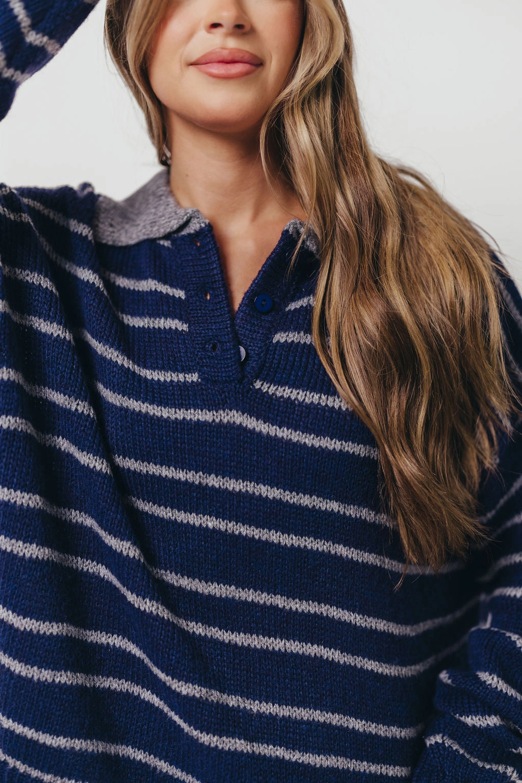Everyday Fit Rochelle Stripe Sweater with Contrast Collar in Navy