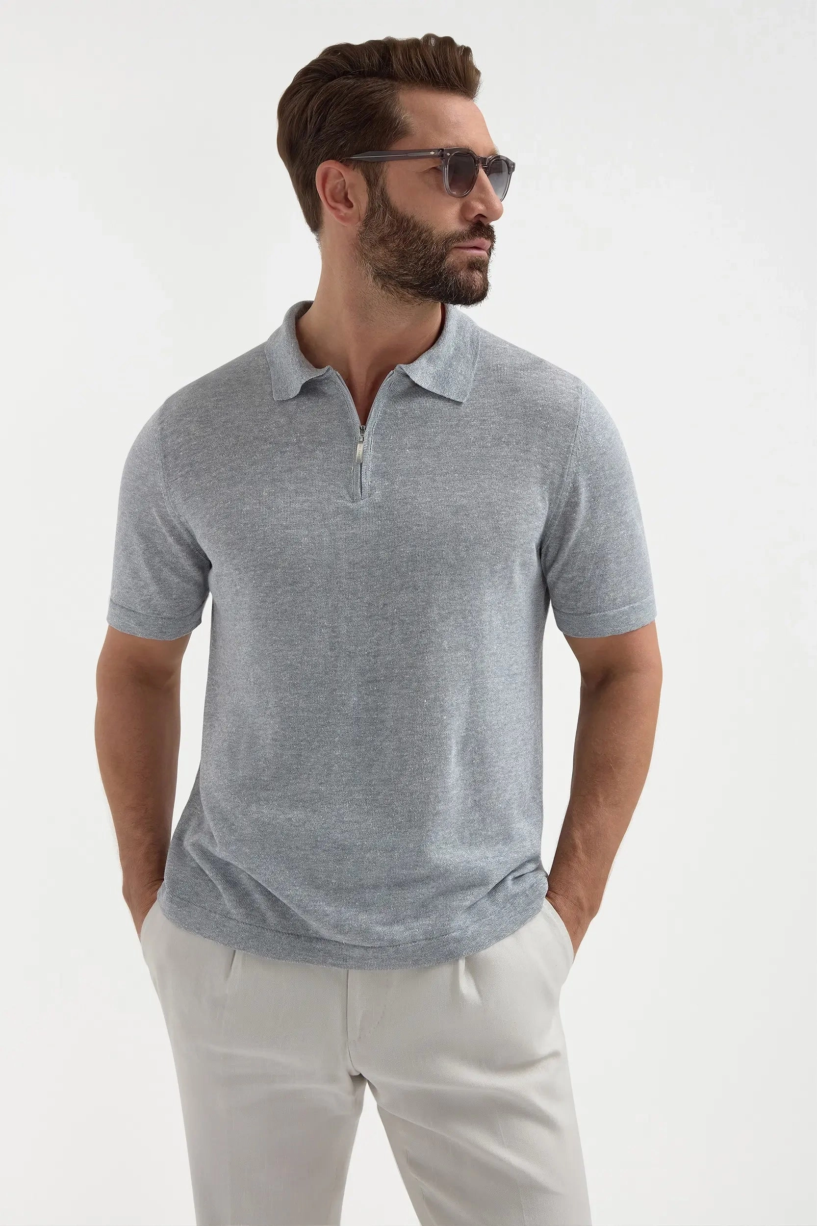 Sky grey linen and cotton zipped polo - Made in Italy Multipanel Construction Anti Static Finish