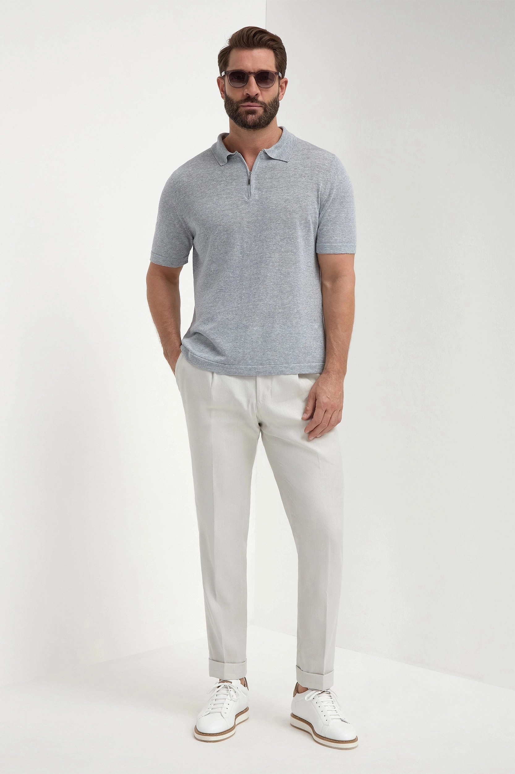 Natural Fiber Construction Sky grey linen and cotton zipped polo - Made in Italy