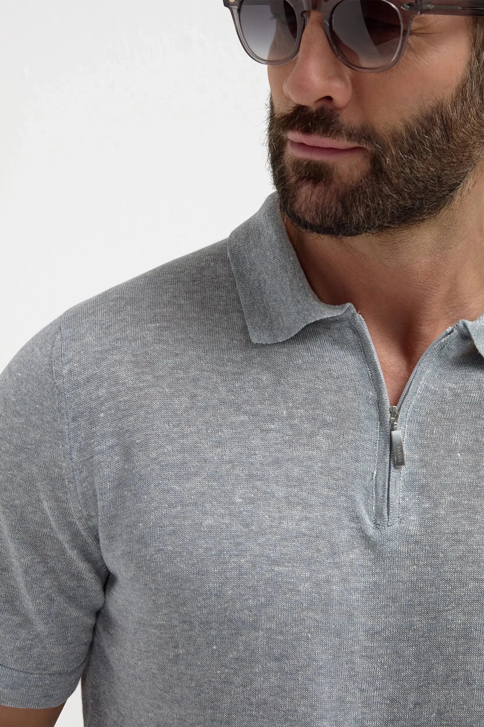 Sky grey linen and cotton zipped polo - Made in Italy Anti Pilling Finish OdorResistant Fabric