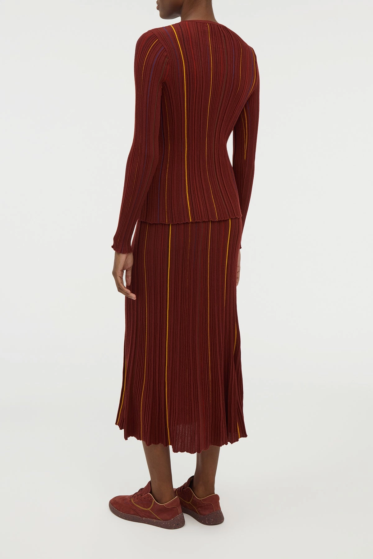 Celeano Pinstripe Knit Midi Skirt Burnt Sienna Merino Wool Durable Stitchwork Street Layer