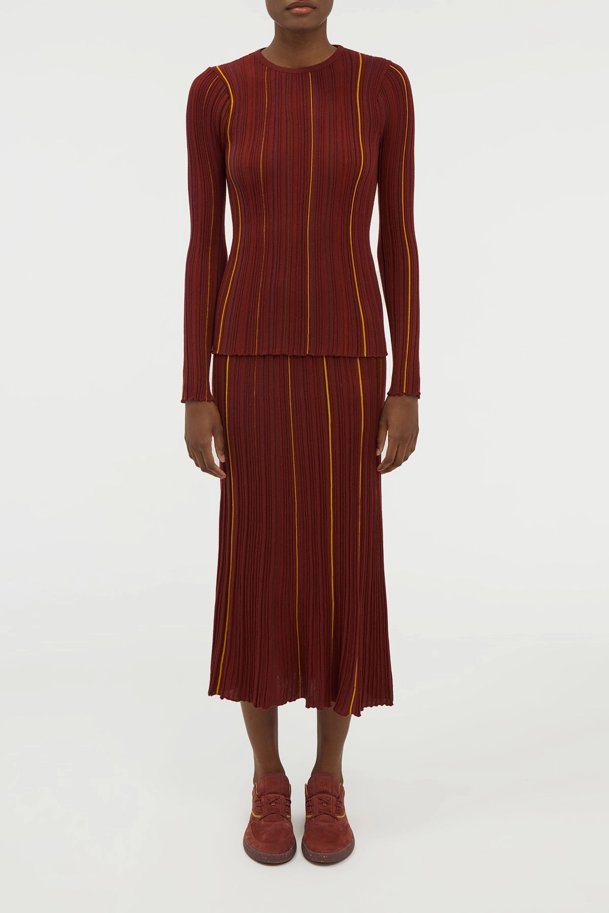 Eco Conscious Production Stretch Recovery Fabric Celeano Pinstripe Knit Midi Skirt Burnt Sienna Merino Wool