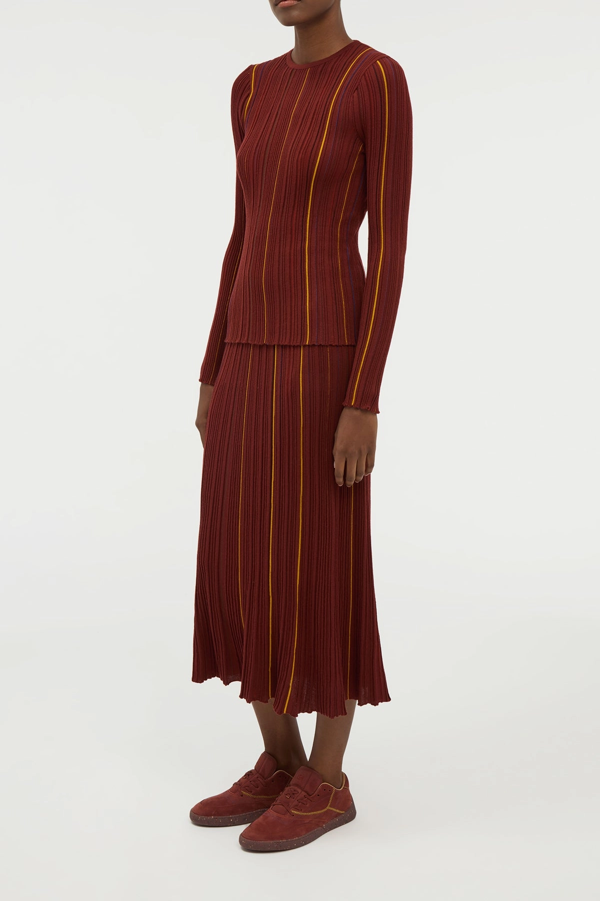Modern Outfit Celeano Pinstripe Knit Midi Skirt Burnt Sienna Merino Wool