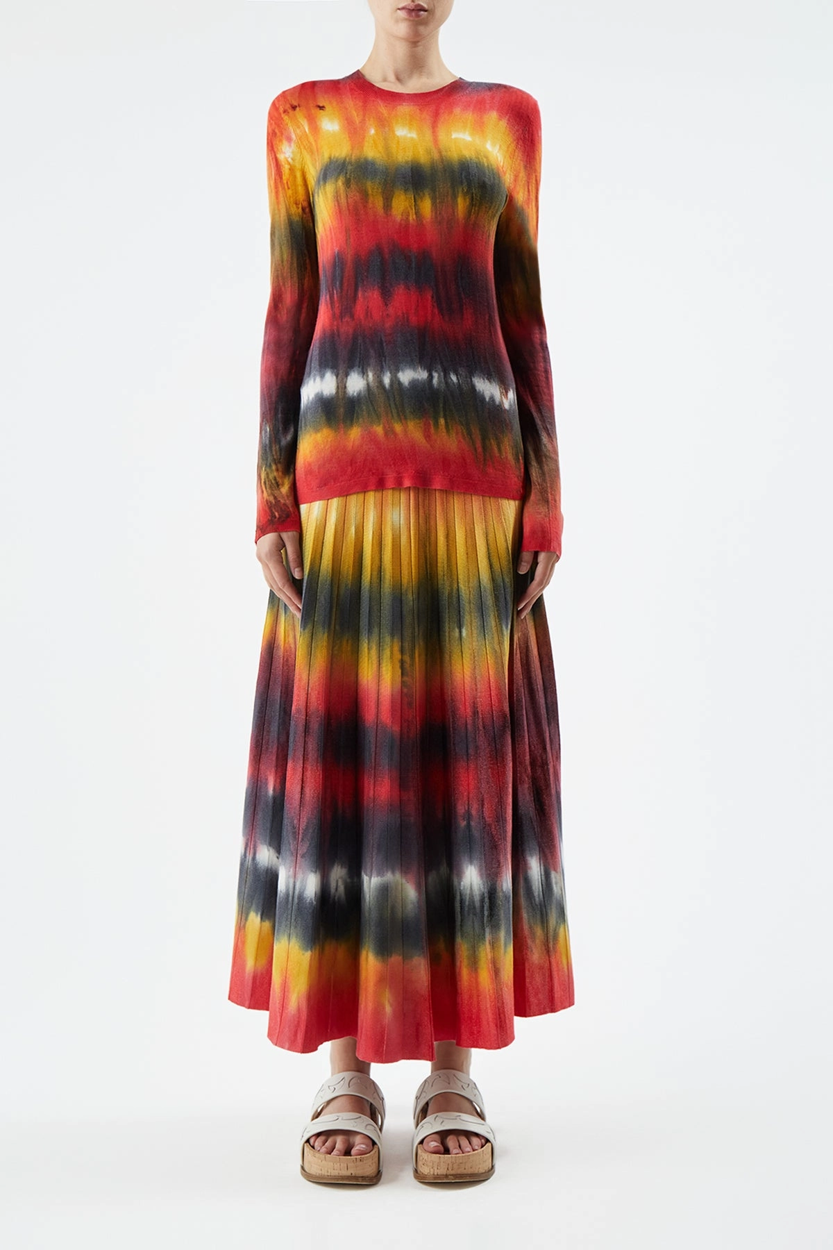 Ella Knit Midi Skirt in Fire Tie Dye Cashmere Turtle Neck Variant Street Layer