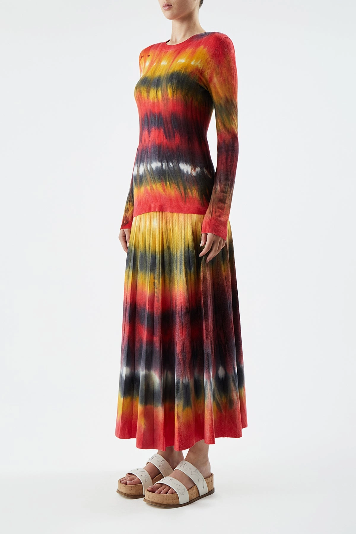 Ella Knit Midi Skirt in Fire Tie Dye Cashmere Loopwheel Construction