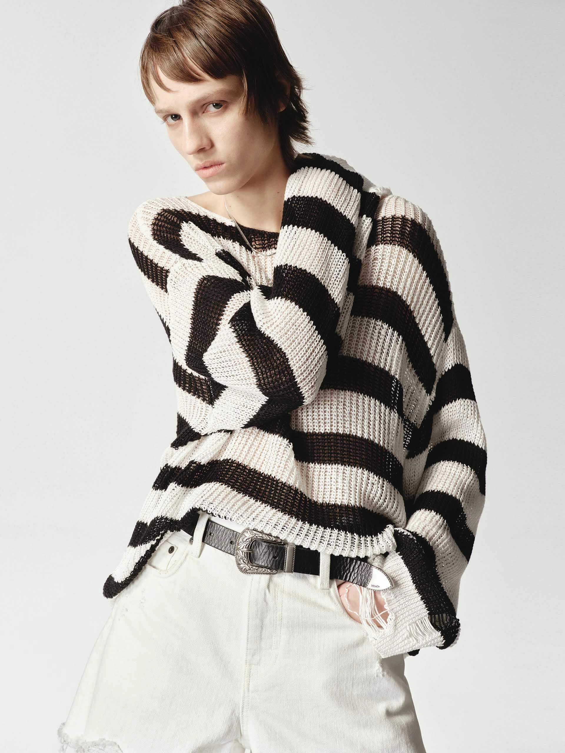 Breathable Liner Integration Neutral Tone Colorfast Guide Striped Distressed Knit Sweater