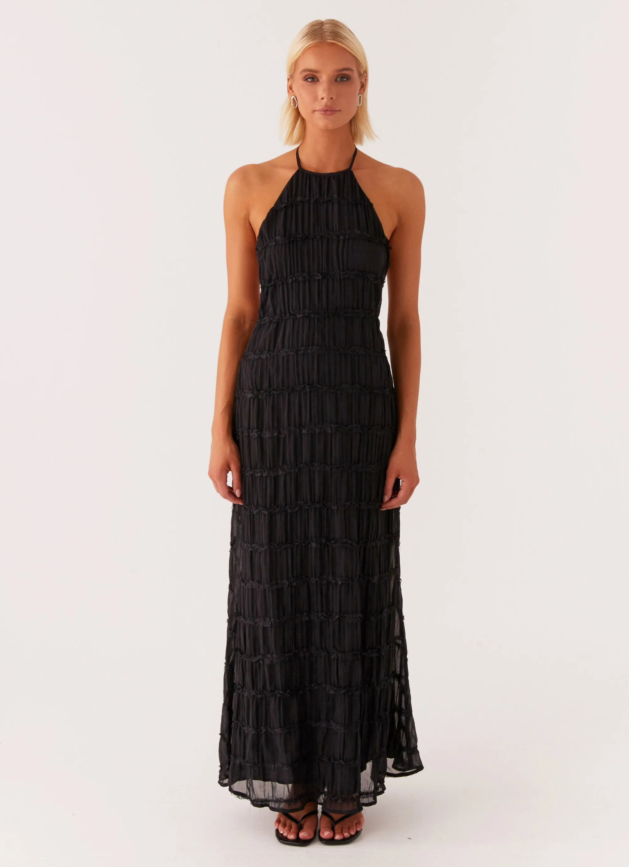 Minimalist Waistband Flower Grace Aullie Maxi Dress - Black