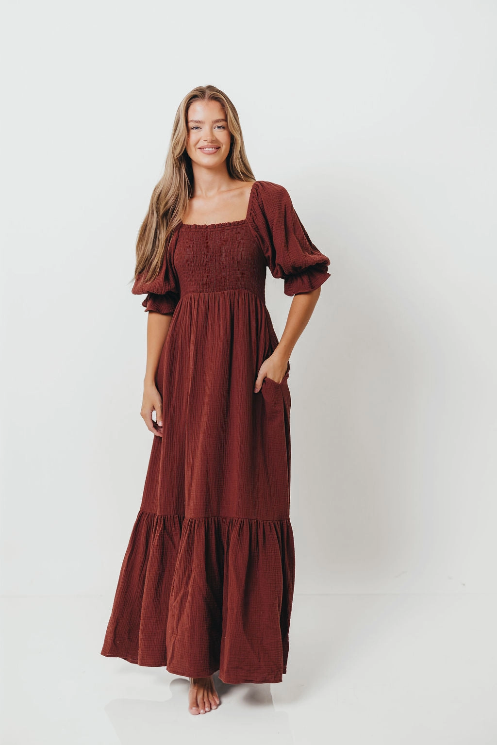 Livvy 100% Cotton Maxi Dress in Rust Brown - Bump Friendly Timeless Edge Sleek Design Fit