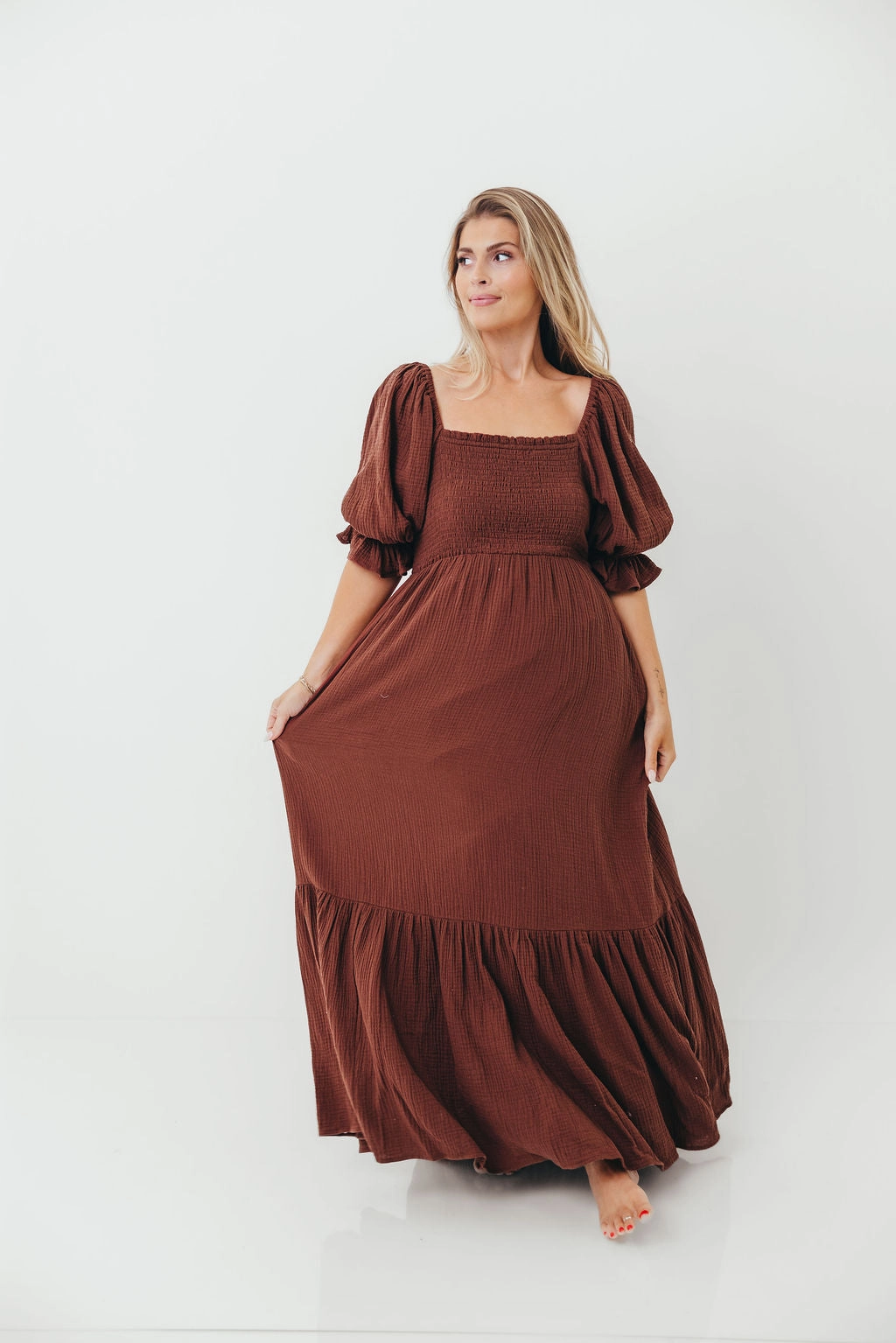 Livvy 100% Cotton Maxi Dress in Rust Brown - Bump Friendly Vibrant Hue